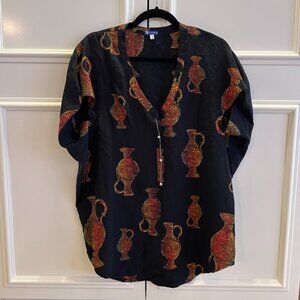 Black Silk Blouse Gold Red vessel Print | Boho Chic | Lightweight V-Neck